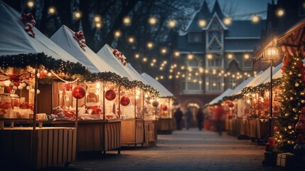 Fototapeta na wymiar Generative AI, Christmas fair blurred background, winter street market in Europe