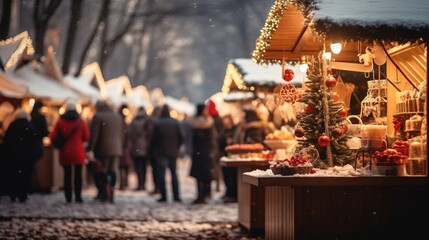 Naklejka premium Generative AI, Christmas fair blurred background, winter street market in Europe