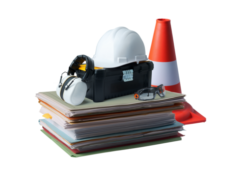 Pile of paperwork and work equipment