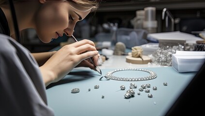 Obraz premium Jeweler working in her workshop, making jewelry bracelets.
