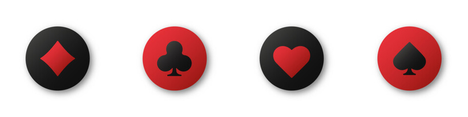 Hearts, clubs, diamonds and spades chips on an isolated white background. Set collection gambling sign symbol of playing card suits and chips for poker and casino.