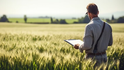 Farmer standing in wheat field and holding tablet computer, looking at horizon. - obrazy, fototapety, plakaty