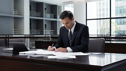 Obraz premium Businessman working with documents and laptop in the office. Business concept.