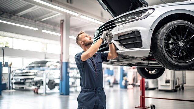 auto mechanic fixing car on lift in auto repair shop or auto service station