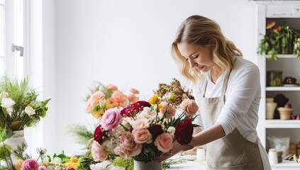 beautiful young woman florist making bouquet in flower shop