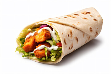 a wrap with chicken and lettuce on it