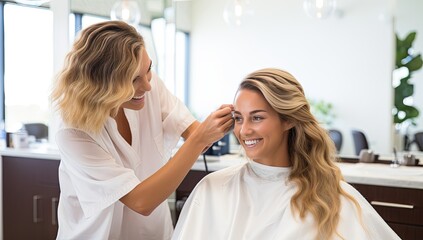 Portrait of smiling female hairdresser doing hairstyle to woman in beauty salon