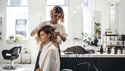 Professional hairdresser doing hairstyle for woman in beauty salon - Powered by Adobe
