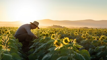 Fototapeta premium Farmer in hat examining sunflower field with sunflowers at sunset