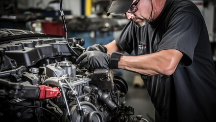Fototapeta na wymiar auto mechanic working in auto repair service garage checking engine oil level.