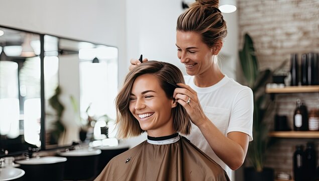 smiling hairdresser doing haircut for woman in beauty salon