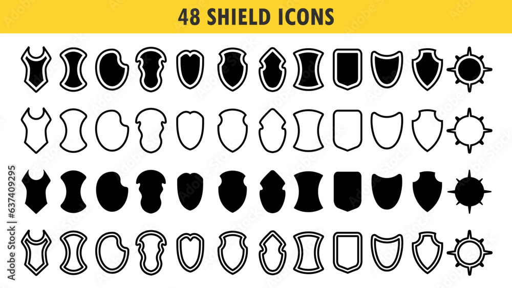 Poster shield icons set. police badge. collection of security shield icons with contours and linear signs. 