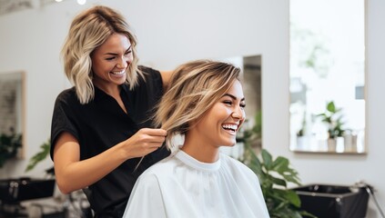 selective focus of hairdresser cutting hair of happy woman in beauty salon - Powered by Adobe