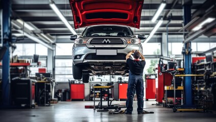 Mechanic repairing a car on a lift in a car repair shop