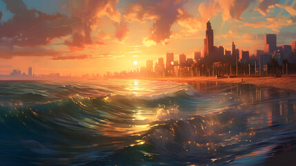Fototapeta premium Late summer sunset on the city coast; Sunset reflecting on the sea; Sunglint over the ocean; Town ​​during late sunset; Beautiful sky; Restless waves crash into the city's shore; Resolution 5824x3264
