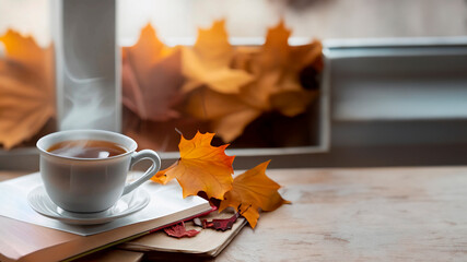 Cup of steaming autumn tea, hot coffee with book, Hot coffee in cozy reading environment. Environment like autumn winter
