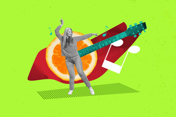 Composite collage art of mature age lady dancer listen music playing guitar summer vibe orange juicy slice isolated on green background