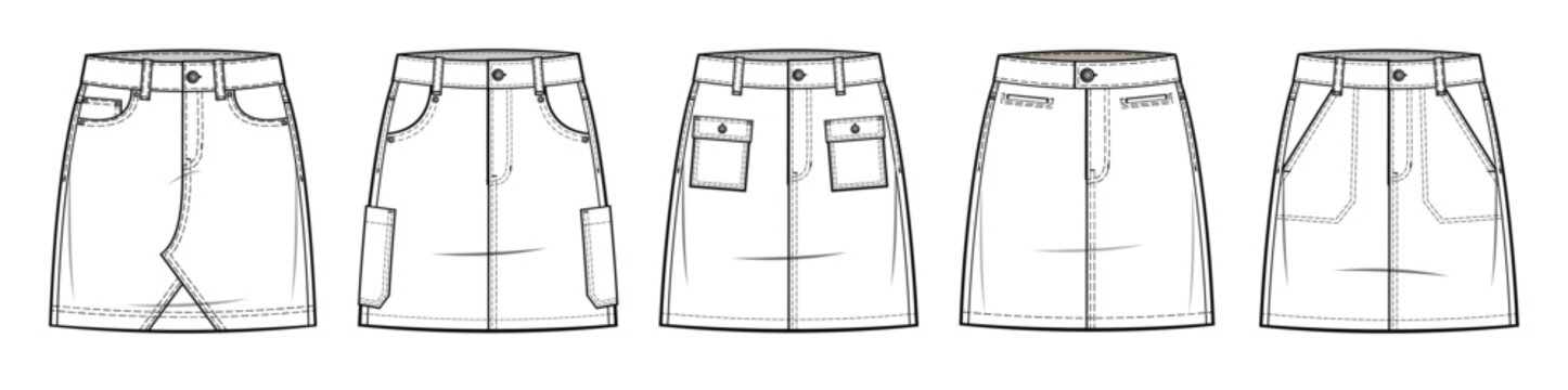 Jeans Skirt Fashion Technical Drawing Template. Mini Skirt Design Styles Collection. Fashion Flat Drawings. Skirt Vector Illustration. Front And Back View. CAD Mockup Set.