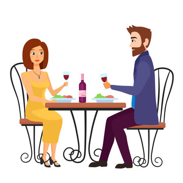 Romantic restaurant date. Lovely couple dating, love celebrating vector illustration