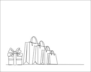 Continuous one line drawing of Shopping bag and present box. Paper bags line art vector illustration.  Editable stroke.