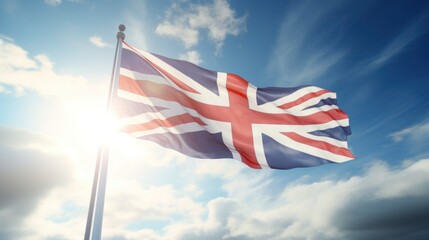 United Kingdom national flag waving in beautiful sky. - obrazy, fototapety, plakaty