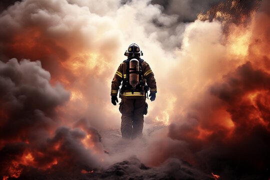 Surrounded by a sea of smoke, a firefighter emerges, his confident stride leading him from the midst of adversity towards safety. 