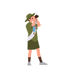 Young boy student, scout explorer cartoon character wearing uniform looking forward in binocular