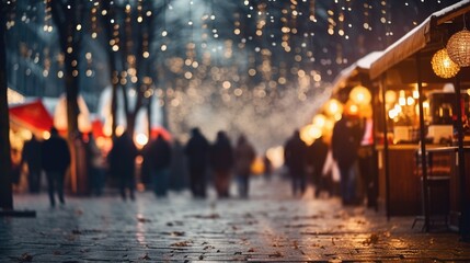 Generative AI, Christmas fair blurred background, winter street market in Europe - obrazy, fototapety, plakaty