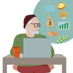 An old man with glasses sits on a computer in front of him. He was thinking about investing, about money, about online shopping.