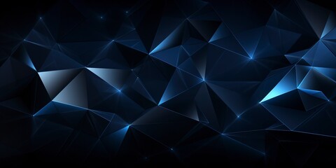A 3D dark blue and black abstract background featuring glowing triangular triangles, creating a geometric and shiny effect