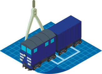 Railway project icon isometric vector. Blue railway locomotive on drawing paper. Engineering, rail transport