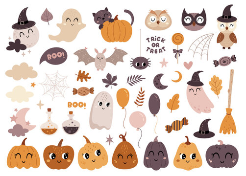 Happy Halloween clipart in flat style. Cute Halloween pumpkins. Kids Halloween clipart for nursery prints, decor, party. 