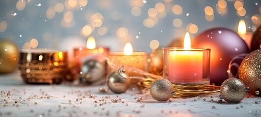 Christmas Decorations With Colorful Candles On A Snowy Background. Focus Stacking Bright Light AI Generative