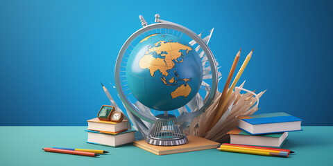 school equipment on blue background ,3D illustration 