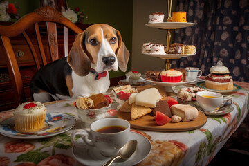 Funny Dog Food Nutrition Diet Concept What to Feed Your Dog, Healthy Pet food and other concepts. Beagle dog enjoying British Afternoon Tea Party with lots of cakes. Image made with Generative AI - 637414241