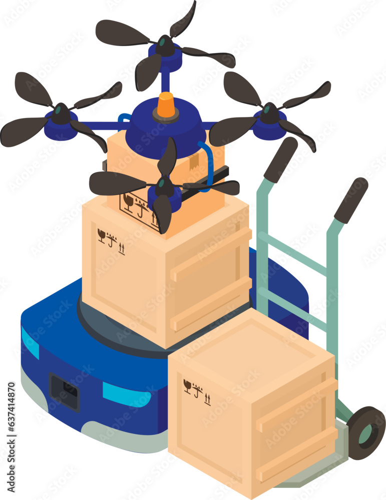 Poster modern delivery icon isometric vector. quadcopter drone and warehouse robot icon. autonomous logisti