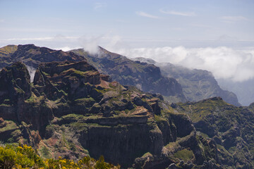 Obraz premium Travelling and exploring Madeira island landscapes and famous places. Summer tourism by Atlantic ocean and mountains. Outdoor views on beautiful water, sky, cliffs, coastline and travel destination.