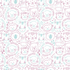 Beautiful kids vector seamless pattern with cute hand drawn safari animal faces. Children stock lion tiger bear zebra monkey illustratrion.