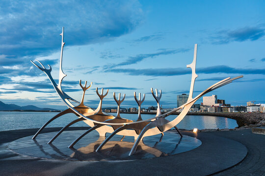Sun voyager sculpture monument viking solfar symbolic in Reykjavik town
