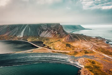 Photo sur Plexiglas Atlantic Ocean Road Eystrahorn headland or Krossasnesfjall mountain range with foggy covered among peninsula in summer at Iceland