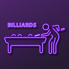 billiards neon sign, modern glowing banner design, colorful modern design trend on black background. Vector illustration.