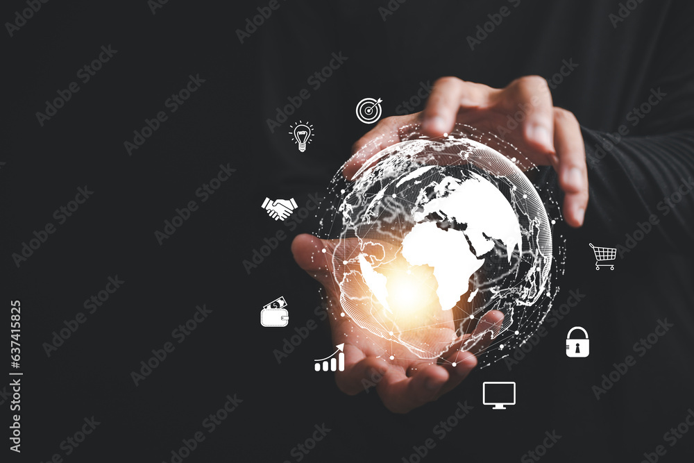 Poster worldwide data analysis, a businessman harnesses power of technology, using a dashboard to analyze b