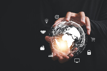 Worldwide Data Analysis, A businessman harnesses power of technology, using a dashboard to analyze big data. world map in background represents global scope of business intelligence.