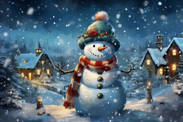 Abstract decorative Snowman as a symbol of Christmas and New Year holidays. Postcard illustration style