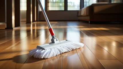 Cleaning parquet floor with mop. - obrazy, fototapety, plakaty