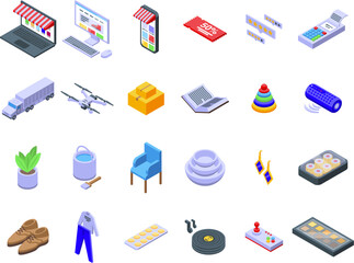 E-commerce icons set isometric vector. Online shop. Store card