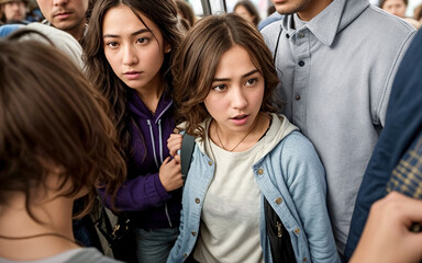 Young woman discomfort of being pressed from behind by man, people cramped on public transportation