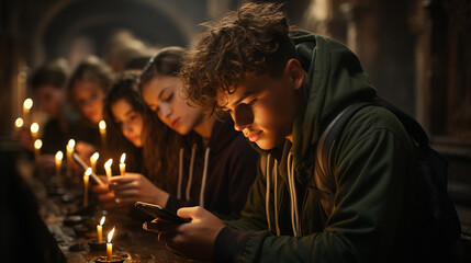 Group of students looking at mobile phone.