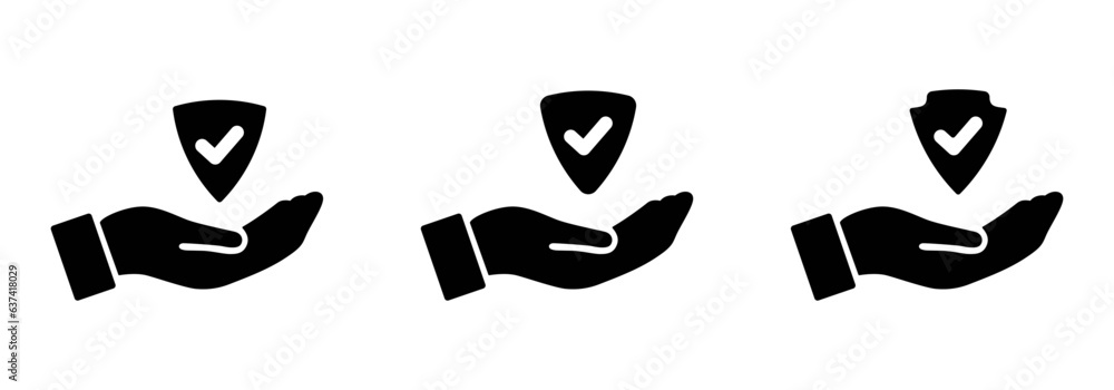 Poster security and safety icon on hand set of three in black color. security shield on palm hand icon set 