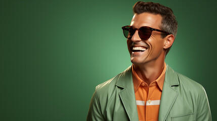 Fototapeta premium Portrait of happy man in green background.